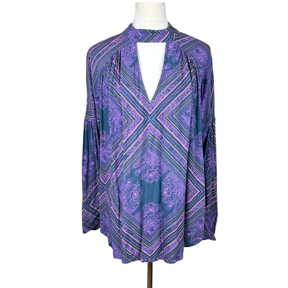 Free People Walking On A Dream Blue Purple Floral Diamond Oversized Tunic Top - Picture 3 of 13